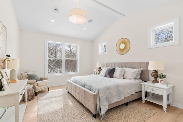 bedroom with recessed lighting, light wood-style floors, baseboards, and lofted ceiling