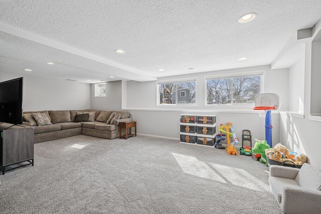 living area with recessed lighting, a textured ceiling, baseboards, and carpet floors