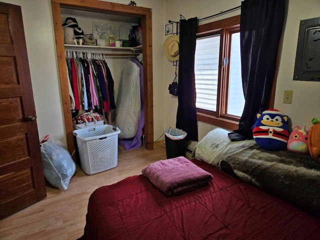 bedroom featuring a closet, multiple windows, and wood finished floors