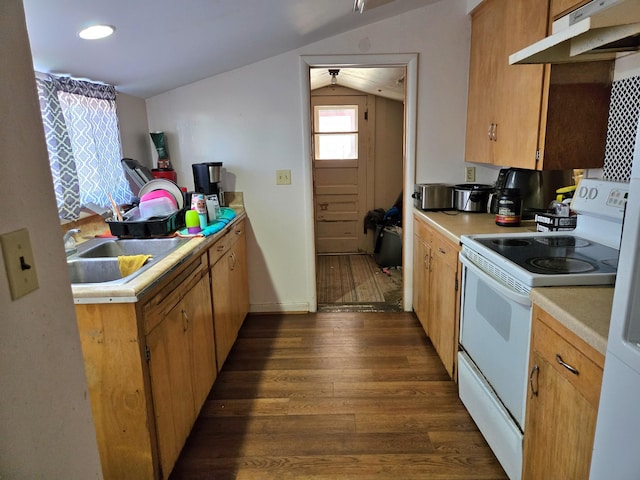 kitchen with dark wood-type flooring, under cabinet range hood, light countertops, lofted ceiling, and white electric range oven