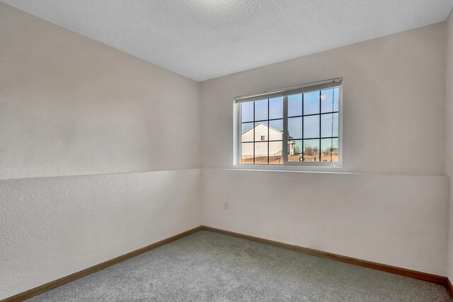 carpeted empty room with a textured ceiling and baseboards