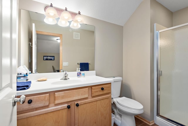 full bathroom with visible vents, toilet, a stall shower, and vanity