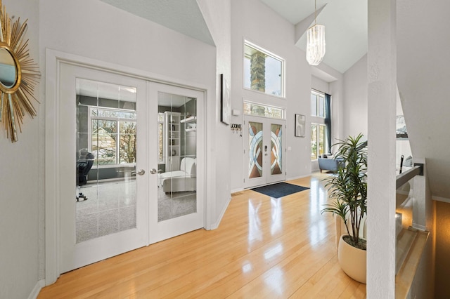 foyer featuring french doors, a high ceiling, a healthy amount of sunlight, and wood finished floors