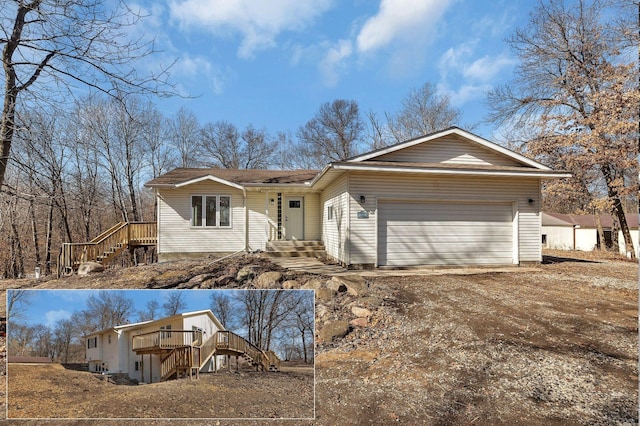 ranch-style house featuring an attached garage and dirt driveway