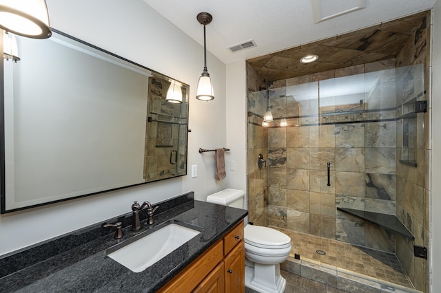 424 11th St NW, Byron, MN 55920 - full bathroom featuring vanity, toilet, visible vents, and a shower stall