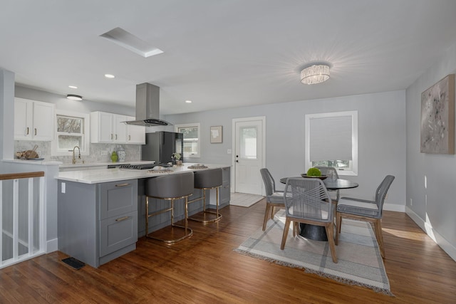 kitchen with a sink, dark wood finished floors, gray cabinets, and island range hood