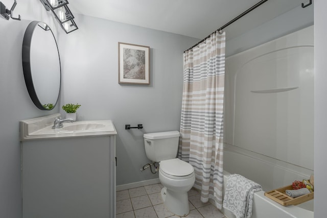 bathroom with tile patterned flooring, baseboards, toilet, vanity, and shower / bathtub combination with curtain