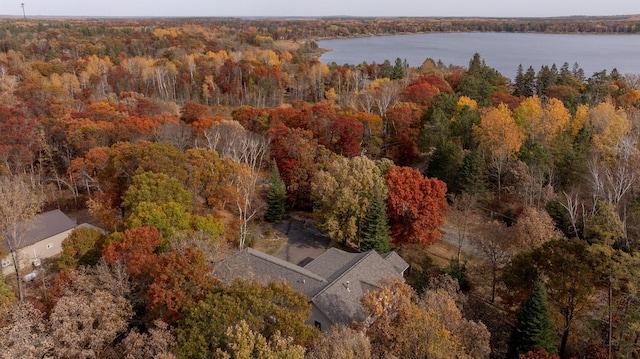 birds eye view of property with a view of trees and a water view