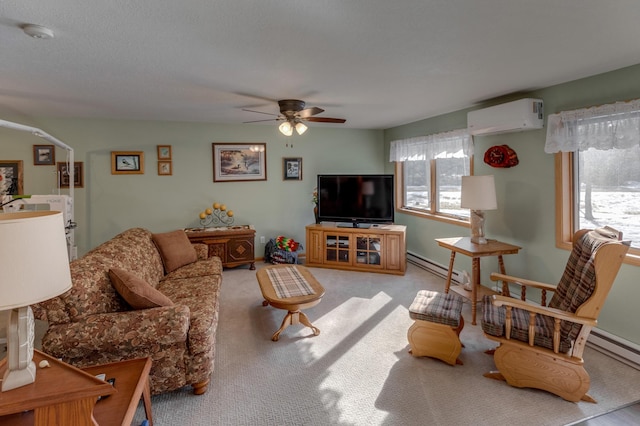 living area with a ceiling fan, a baseboard radiator, arched walkways, a wall mounted air conditioner, and light colored carpet