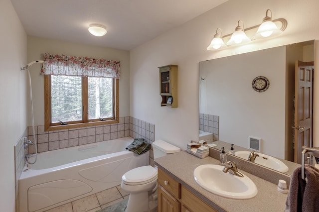 full bath featuring visible vents, a garden tub, toilet, tile patterned flooring, and vanity