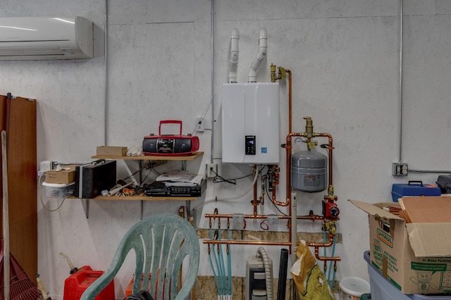 utilities featuring tankless water heater and an AC wall unit