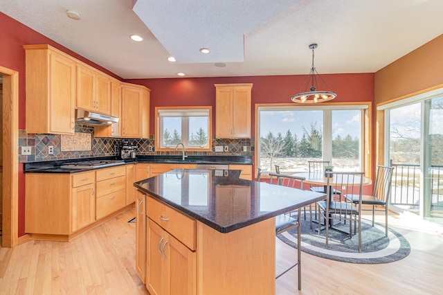 kitchen featuring light brown cabinets, light wood-type flooring, under cabinet range hood, and a sink