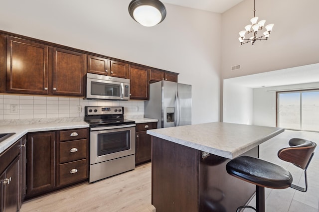 kitchen with a kitchen breakfast bar, tasteful backsplash, a kitchen island, stainless steel appliances, and dark brown cabinetry