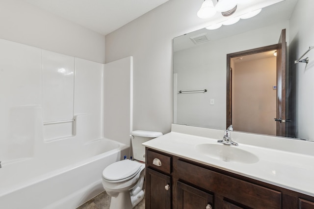 bathroom featuring vanity, toilet, bathtub / shower combination, and visible vents