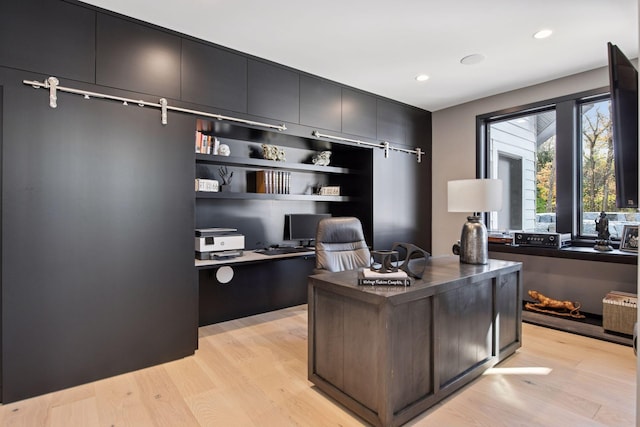 home office featuring recessed lighting and light wood-style floors