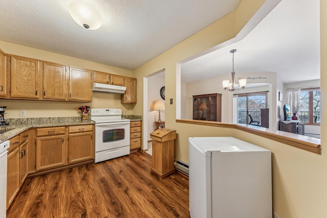 8031 Xerxes Ave S Unit 225, Bloomington, MN 55431 - kitchen with dark wood-style flooring, white appliances, a chandelier, under cabinet range hood, and a baseboard heating unit