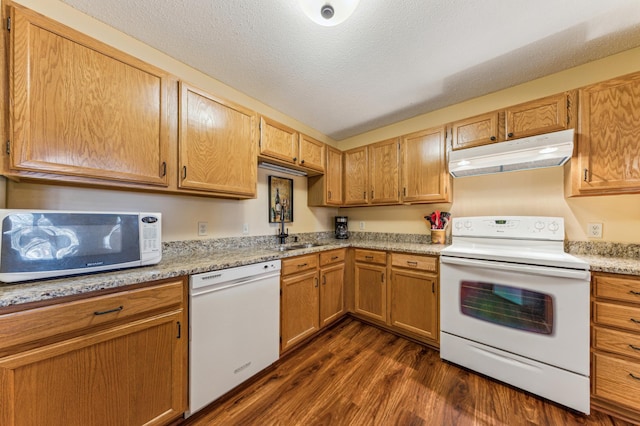 8031 Xerxes Ave S Unit 225, Bloomington, MN 55431 - kitchen with light stone countertops, a sink, dark wood-style floors, under cabinet range hood, and white appliances