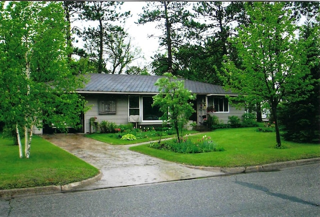 single story home with metal roof, driveway, and a front lawn