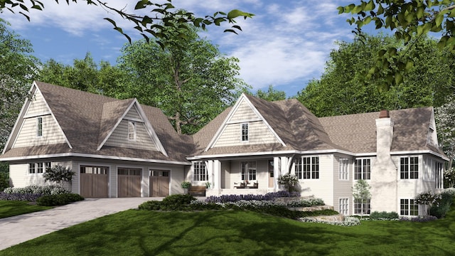 shingle-style home featuring a porch, concrete driveway, a front yard, a garage, and a chimney