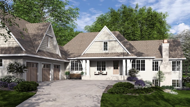 shingle-style home with a front lawn, a porch, concrete driveway, a garage, and a chimney