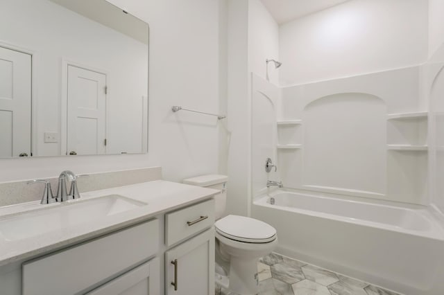 full bath with marble finish floor, vanity, toilet, and shower / bathing tub combination