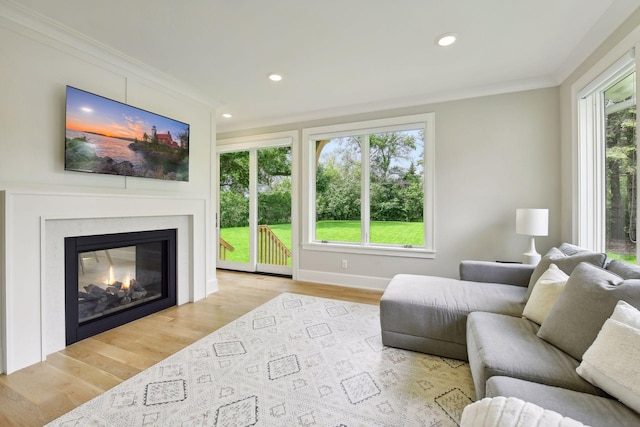 living area with crown molding, recessed lighting, and wood finished floors