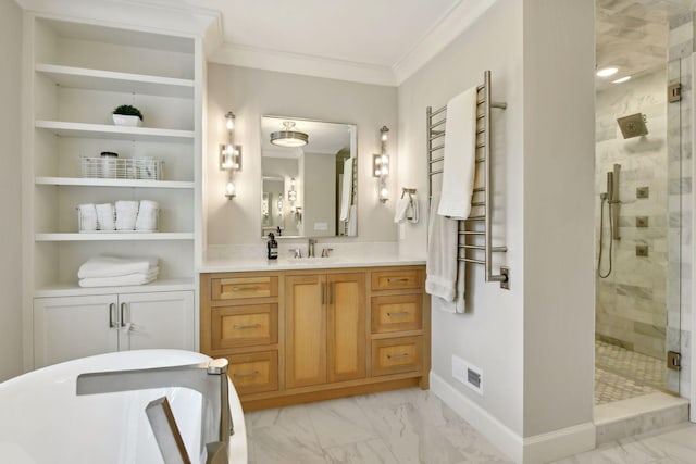 full bath featuring crown molding, visible vents, marble finish floor, and a stall shower