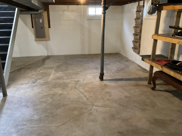 basement with stairs and electric panel