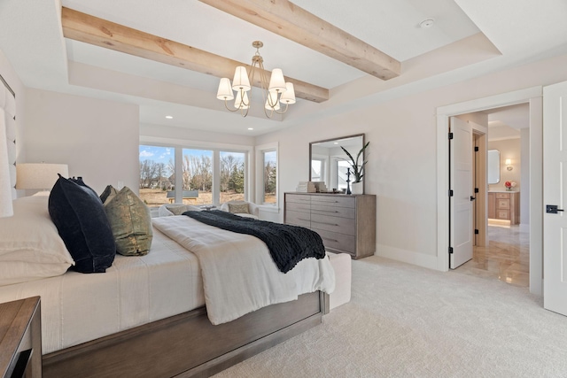 bedroom with baseboards, beamed ceiling, light carpet, recessed lighting, and a notable chandelier