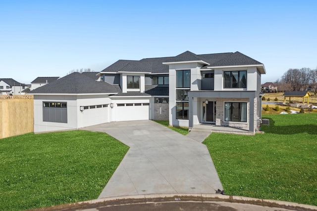 view of front of property with concrete driveway, a balcony, stucco siding, roof with shingles, and a garage