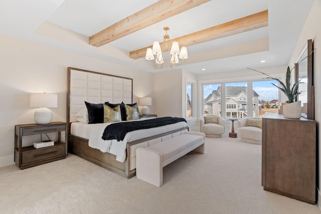 bedroom with light carpet, beam ceiling, a chandelier, and recessed lighting