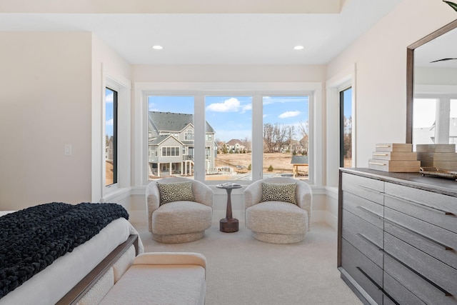 bedroom with carpet floors, recessed lighting, and baseboards