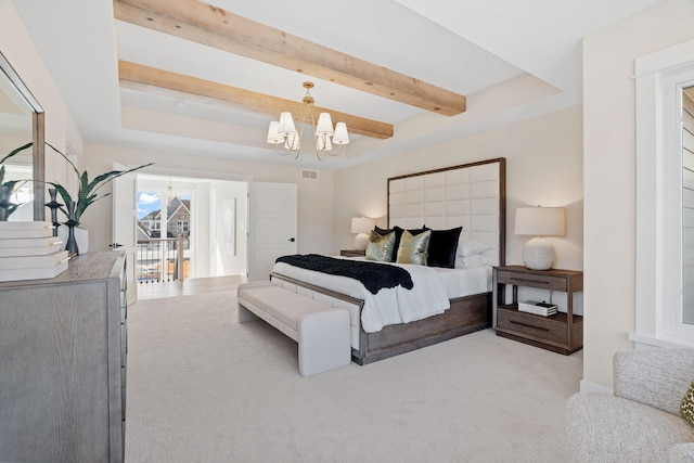 bedroom with light carpet, beamed ceiling, and a chandelier