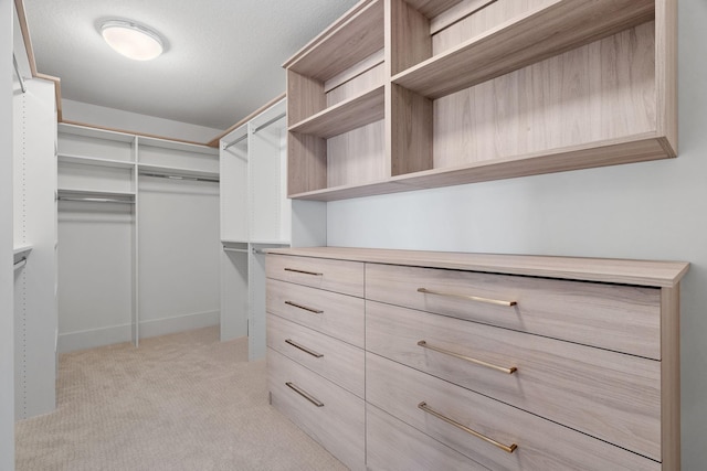 walk in closet with light carpet