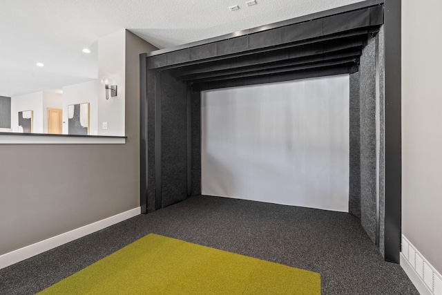interior space with carpet, golf simulator, baseboards, and recessed lighting
