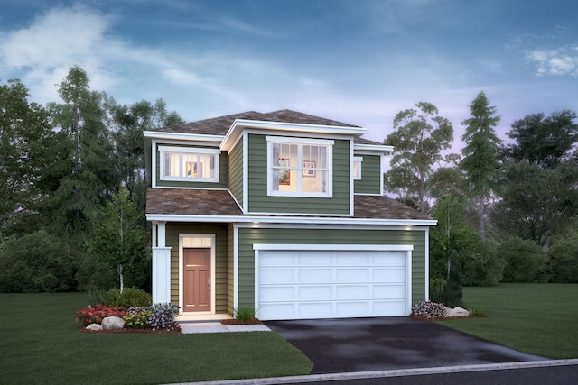 view of front facade with an attached garage, a front lawn, and aphalt driveway