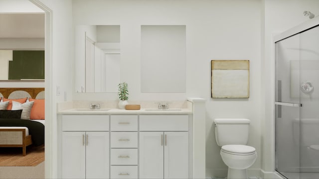 bathroom featuring a shower stall, toilet, and a sink