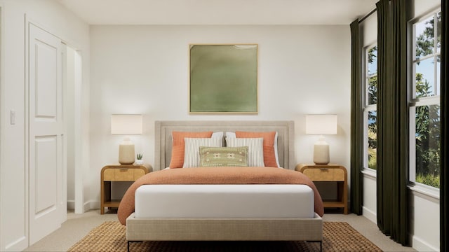 bedroom featuring light colored carpet