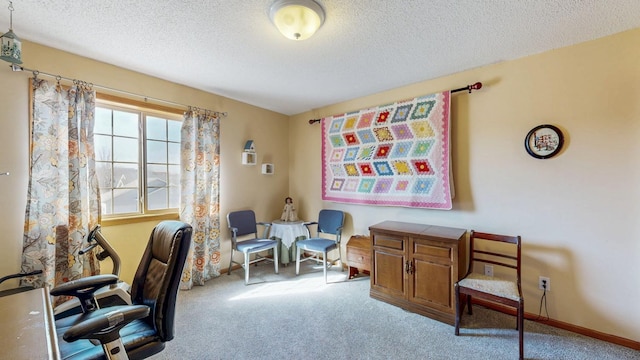 carpeted home office with baseboards and a textured ceiling