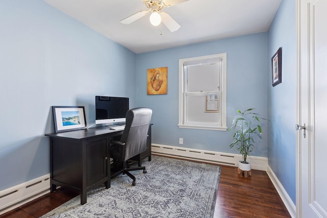 home office featuring a baseboard heating unit, baseboards, wood finished floors, a ceiling fan, and a baseboard radiator