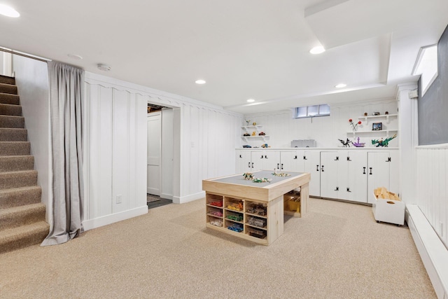 rec room featuring light carpet and recessed lighting