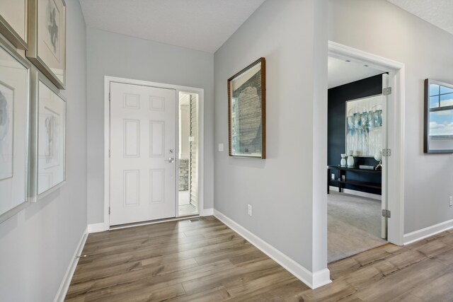 foyer entrance with baseboards and wood finished floors