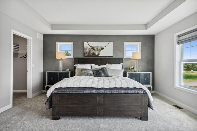 bedroom with light carpet, multiple windows, a raised ceiling, and baseboards