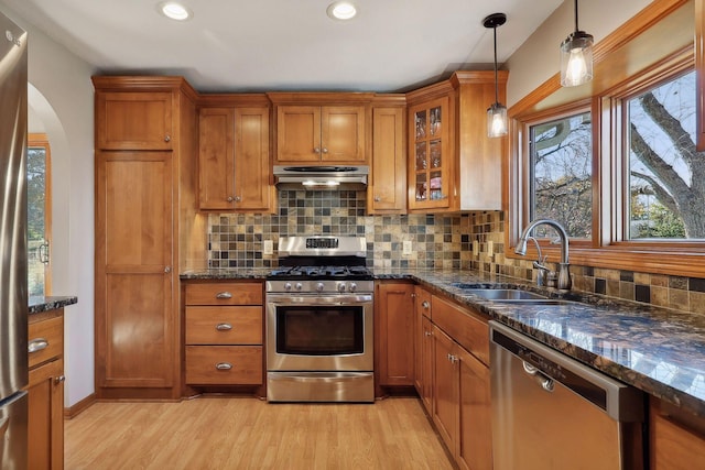 kitchen featuring a sink, brown cabinetry, under cabinet range hood, and stainless steel appliances