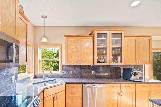 kitchen featuring backsplash, glass insert cabinets, pendant lighting, stainless steel appliances, and a sink