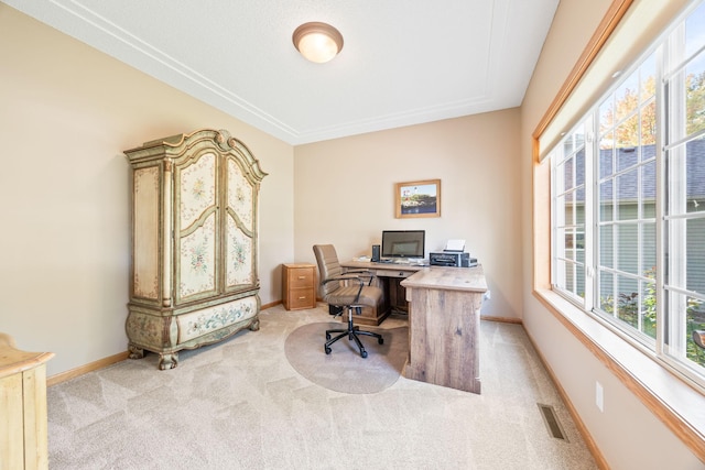 carpeted office with visible vents and baseboards