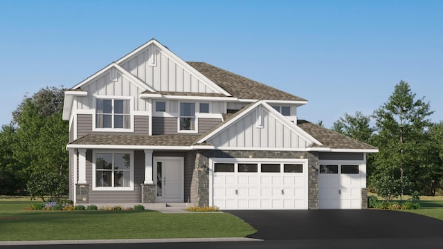 view of front of property with a front lawn, board and batten siding, an attached garage, and a shingled roof