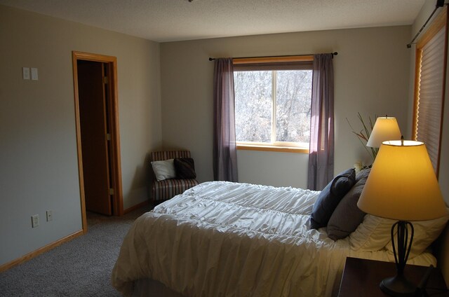 carpeted bedroom featuring baseboards and a textured ceiling