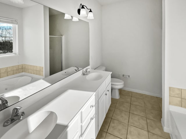 full bathroom featuring tile patterned flooring, a shower stall, double vanity, and a sink
