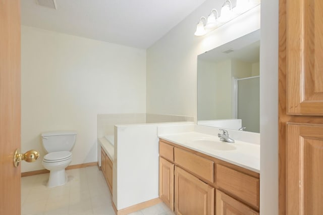 full bath featuring visible vents, a shower stall, baseboards, toilet, and vanity